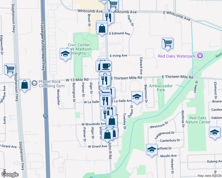 map of restaurants, bars, coffee shops, grocery stores, and more near 30816 John R Road in Madison Heights