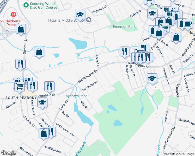 map of restaurants, bars, coffee shops, grocery stores, and more near 10 Hourihan Street in Peabody