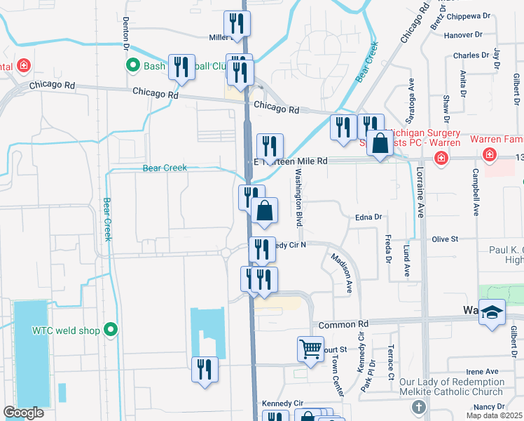 map of restaurants, bars, coffee shops, grocery stores, and more near 30700 Van Dyke Avenue in Warren