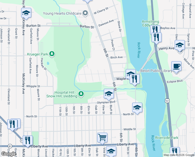 map of restaurants, bars, coffee shops, grocery stores, and more near 1526 Vine Street in Beloit