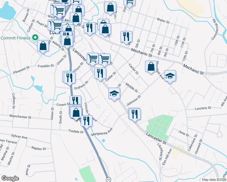 map of restaurants, bars, coffee shops, grocery stores, and more near 176 Lancaster Street in Leominster