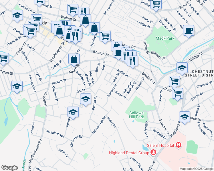 map of restaurants, bars, coffee shops, grocery stores, and more near 5 Wall Street Court in Salem