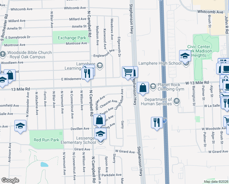 map of restaurants, bars, coffee shops, grocery stores, and more near 30803 Whittier Avenue in Madison Heights