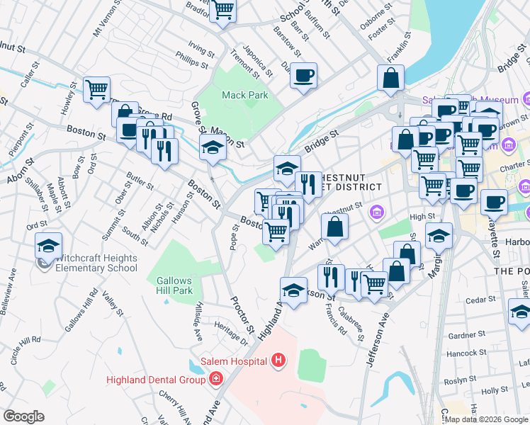 map of restaurants, bars, coffee shops, grocery stores, and more near 177-179 Federal Street in Salem