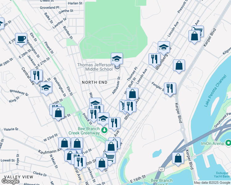 map of restaurants, bars, coffee shops, grocery stores, and more near 920 Althauser Avenue in Dubuque