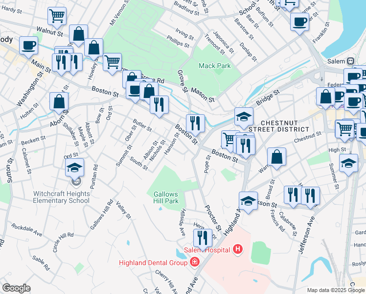 map of restaurants, bars, coffee shops, grocery stores, and more near 19 Putnam Street in Salem