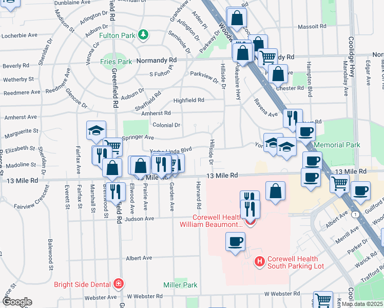 map of restaurants, bars, coffee shops, grocery stores, and more near 4025 Yorba Linda Blvd in Royal Oak