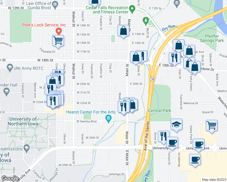 map of restaurants, bars, coffee shops, grocery stores, and more near 2022 Clay Street in Cedar Falls