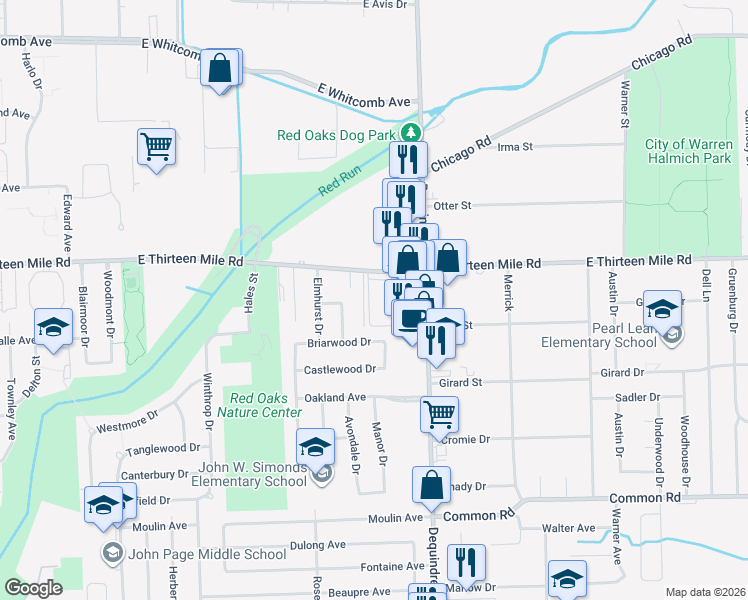 map of restaurants, bars, coffee shops, grocery stores, and more near 1872 East Thirteen Mile Road in Madison Heights