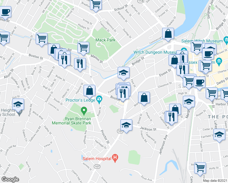 map of restaurants, bars, coffee shops, grocery stores, and more near 177-179 Federal Street in Salem