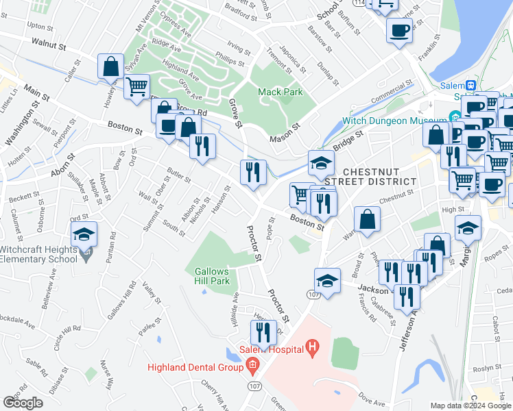 map of restaurants, bars, coffee shops, grocery stores, and more near 65 Boston Street in Salem