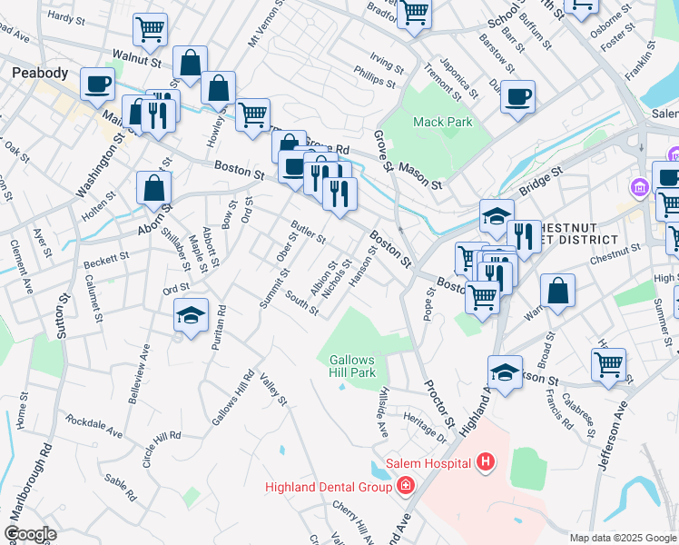 map of restaurants, bars, coffee shops, grocery stores, and more near 20 Hanson Street in Salem