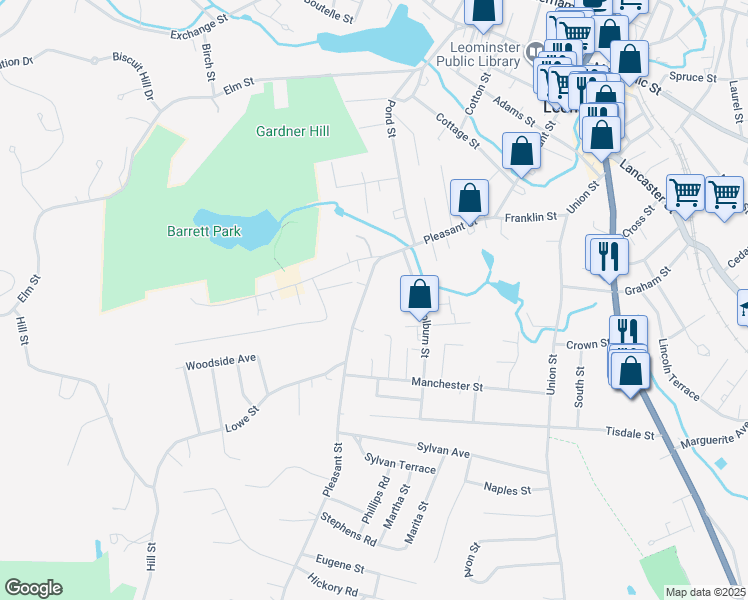 map of restaurants, bars, coffee shops, grocery stores, and more near 266 Pleasant Street in Leominster