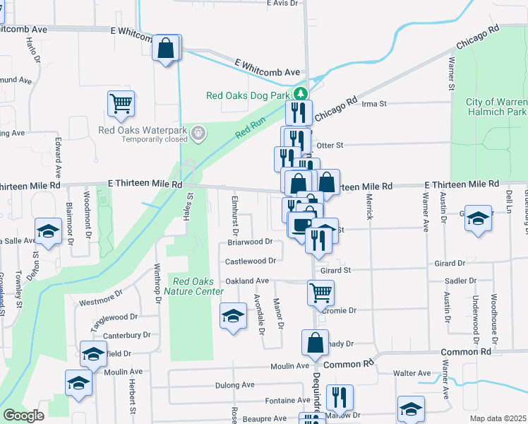 map of restaurants, bars, coffee shops, grocery stores, and more near 30880 Avondale Drive in Madison Heights