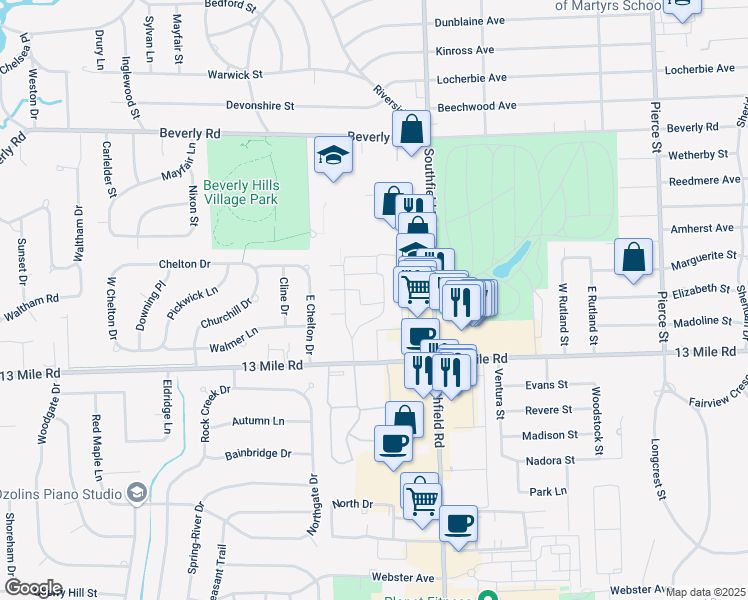 map of restaurants, bars, coffee shops, grocery stores, and more near 31189 Huntley Square East in Beverly Hills
