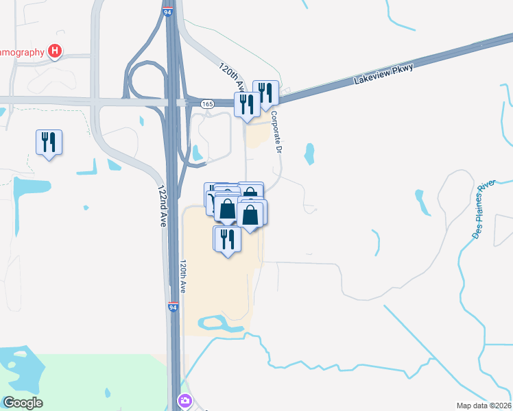 map of restaurants, bars, coffee shops, grocery stores, and more near 11211 120th Avenue in Pleasant Prairie