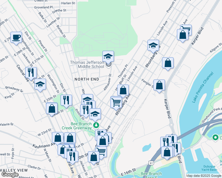 map of restaurants, bars, coffee shops, grocery stores, and more near 920 Althauser Avenue in Dubuque