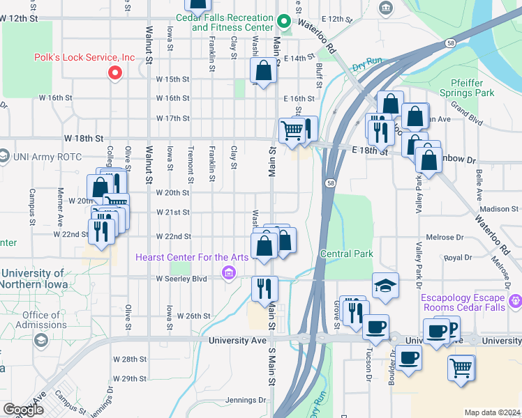 map of restaurants, bars, coffee shops, grocery stores, and more near 2022 Washington Street in Cedar Falls