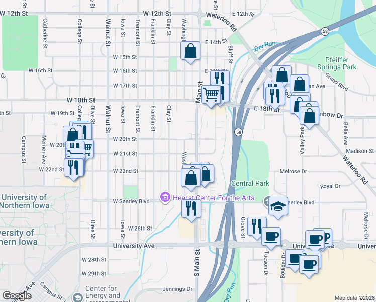 map of restaurants, bars, coffee shops, grocery stores, and more near 2022 Washington Street in Cedar Falls