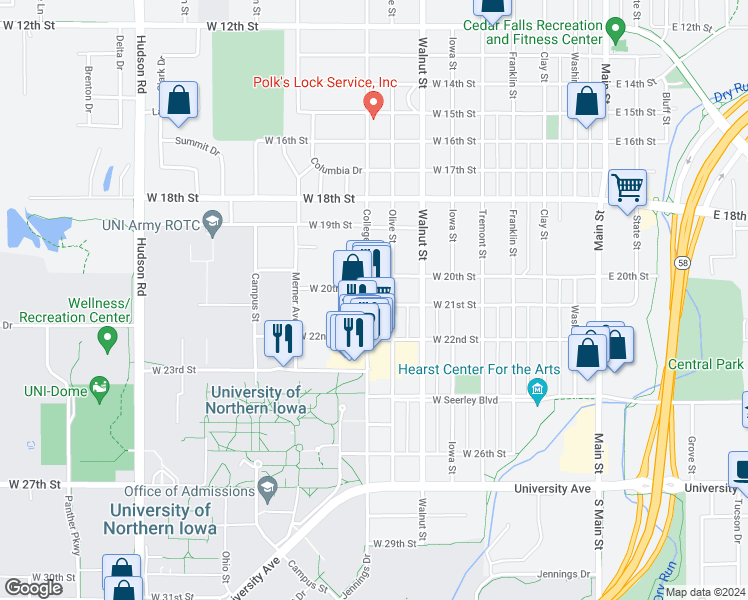 map of restaurants, bars, coffee shops, grocery stores, and more near 2022 College Street in Cedar Falls
