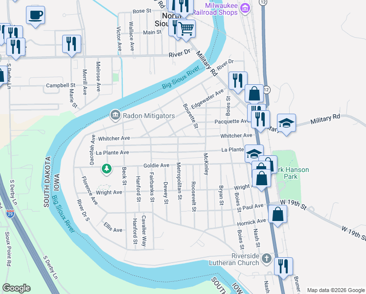 map of restaurants, bars, coffee shops, grocery stores, and more near 1001-1199 La Plante Avenue in Sioux City