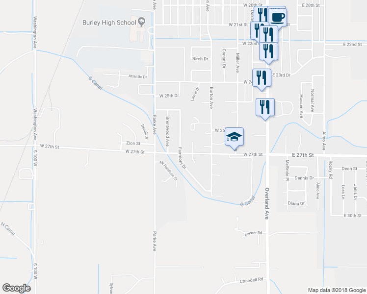 map of restaurants, bars, coffee shops, grocery stores, and more near 2691 Fairmont Drive in Burley