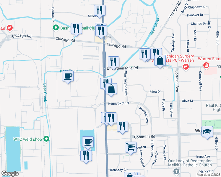 map of restaurants, bars, coffee shops, grocery stores, and more near 30700 Van Dyke Avenue in Warren