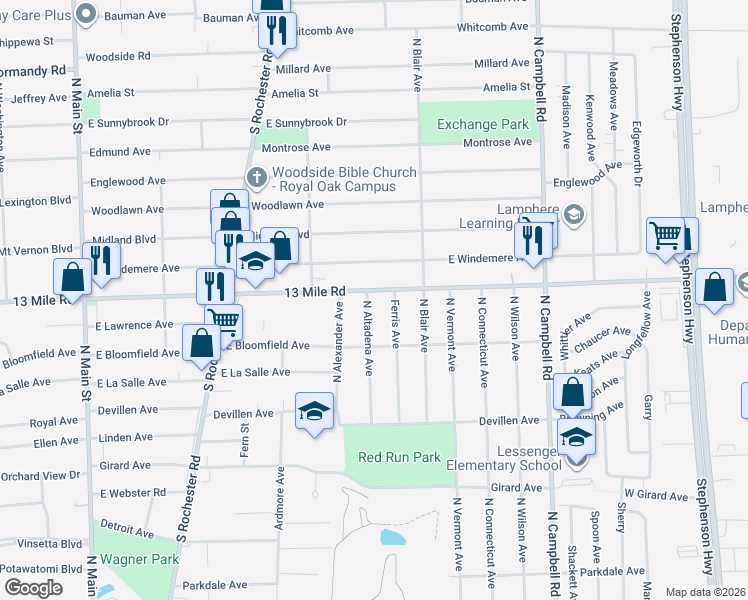 map of restaurants, bars, coffee shops, grocery stores, and more near 3220 North Altadena Avenue in Royal Oak