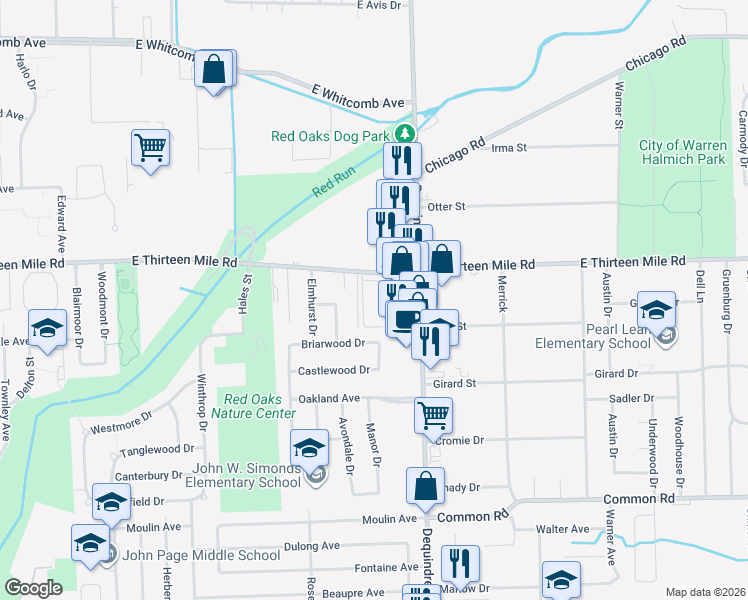 map of restaurants, bars, coffee shops, grocery stores, and more near 1872 East Thirteen Mile Road in Madison Heights