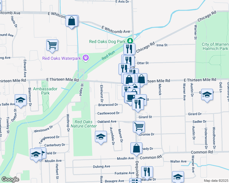 map of restaurants, bars, coffee shops, grocery stores, and more near 30880 Avondale Drive in Madison Heights