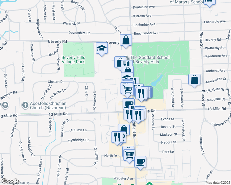 map of restaurants, bars, coffee shops, grocery stores, and more near 31189 Huntley Square East in Beverly Hills