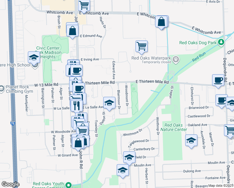 map of restaurants, bars, coffee shops, grocery stores, and more near 30787 Blairmoor Drive in Madison Heights