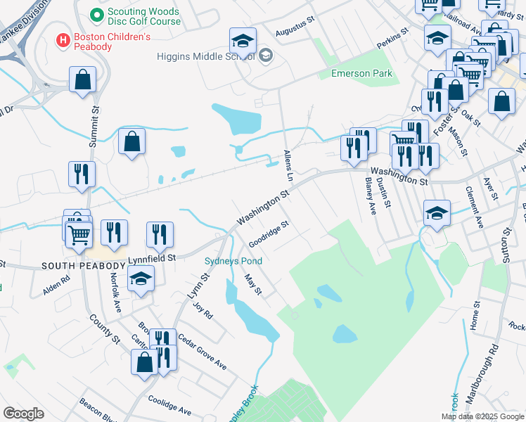 map of restaurants, bars, coffee shops, grocery stores, and more near 272 Washington Street in Peabody