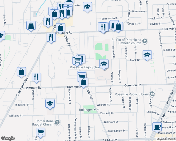 map of restaurants, bars, coffee shops, grocery stores, and more near 30372 Wedgewood cr in Roseville