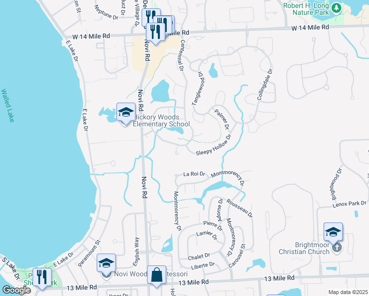 map of restaurants, bars, coffee shops, grocery stores, and more near 41755 Independence Drive in Novi