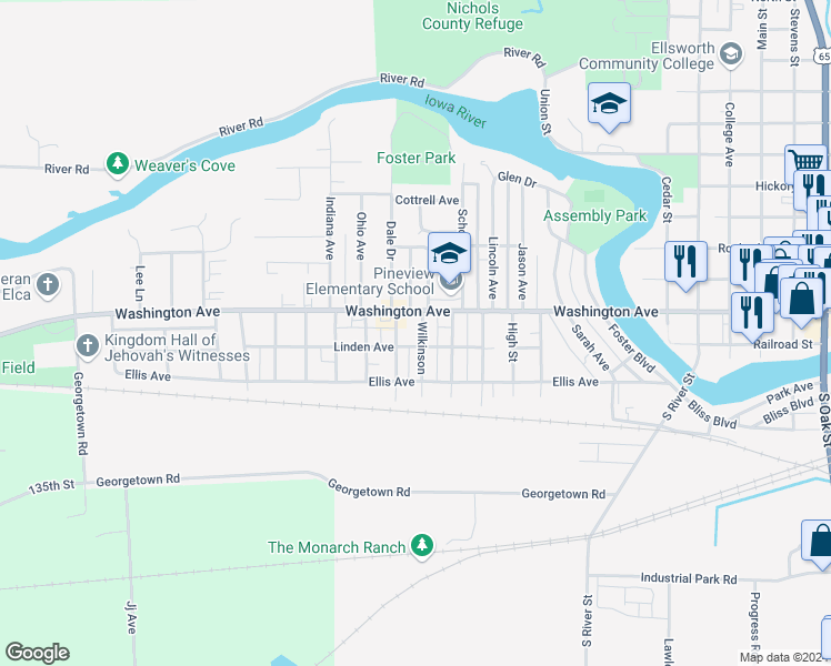 map of restaurants, bars, coffee shops, grocery stores, and more near 207 Wilkinson in Iowa Falls