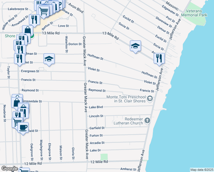 map of restaurants, bars, coffee shops, grocery stores, and more near 22606 Francis Street in Saint Clair Shores
