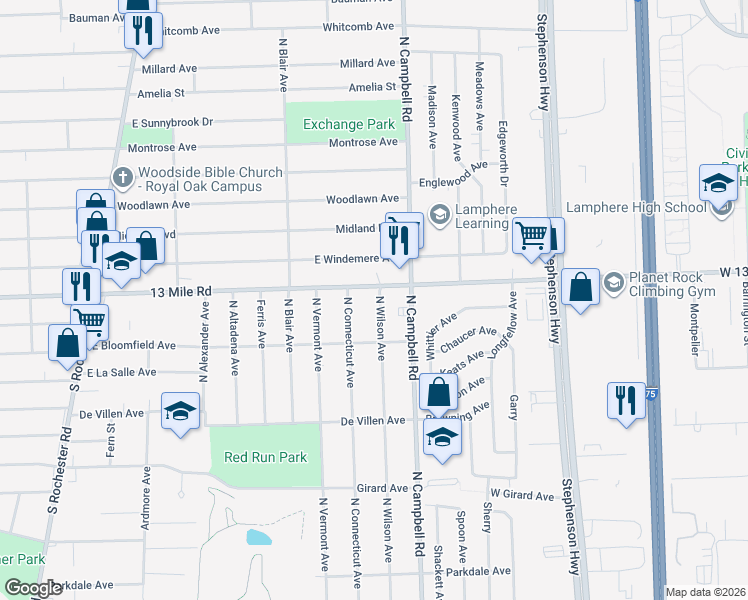 map of restaurants, bars, coffee shops, grocery stores, and more near 3215 North Wilson Avenue in Royal Oak