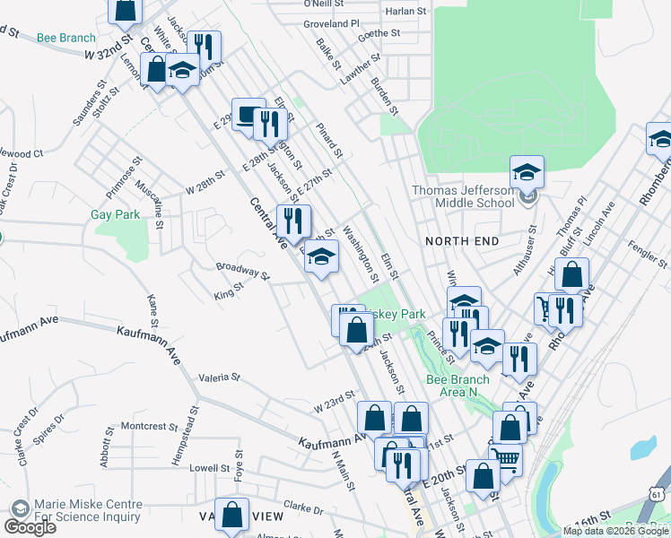 map of restaurants, bars, coffee shops, grocery stores, and more near 2545 Jackson Street in Dubuque