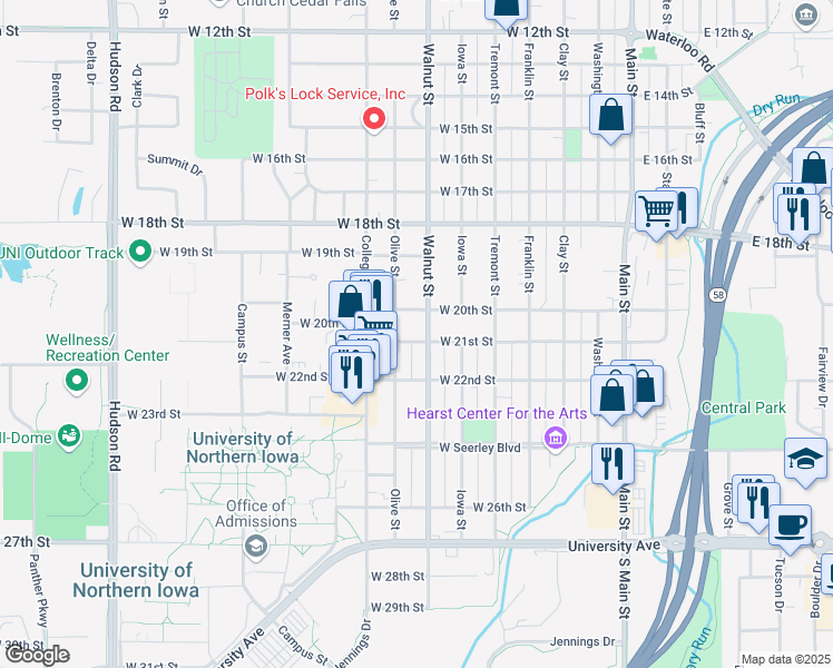 map of restaurants, bars, coffee shops, grocery stores, and more near 709 West 21st Street in Cedar Falls
