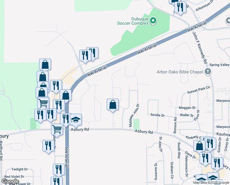 map of restaurants, bars, coffee shops, grocery stores, and more near 2493-2509 Hilton Springs Drive in Dubuque