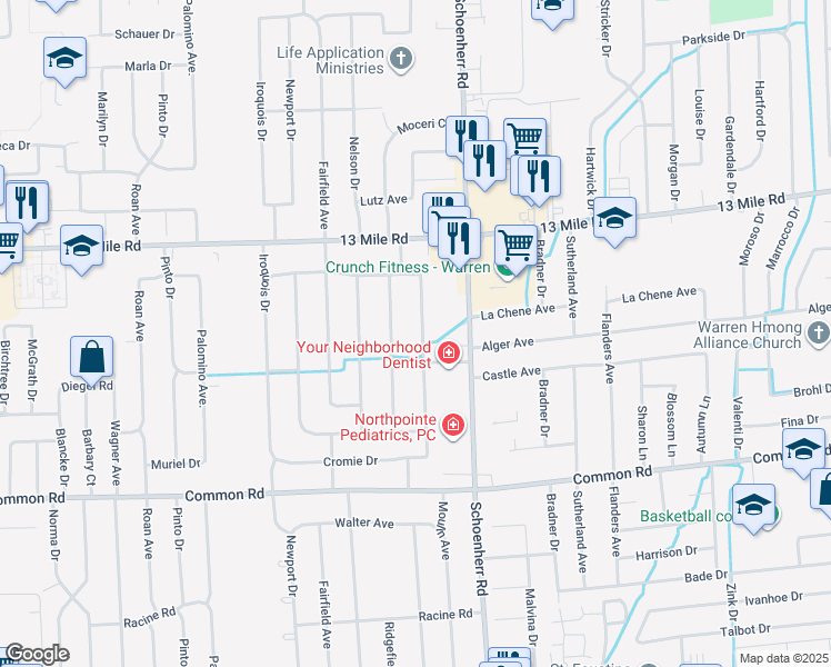 map of restaurants, bars, coffee shops, grocery stores, and more near 30567 Moulin Avenue in Warren