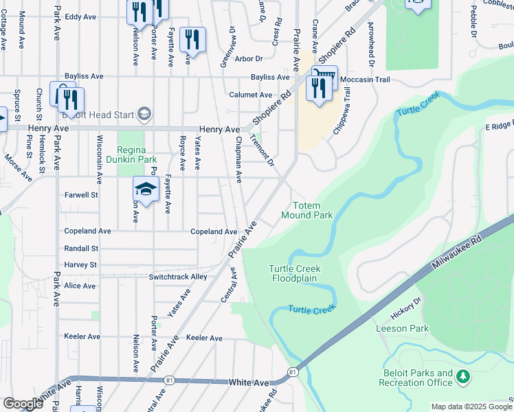 map of restaurants, bars, coffee shops, grocery stores, and more near 1634 Prairie Avenue in Beloit