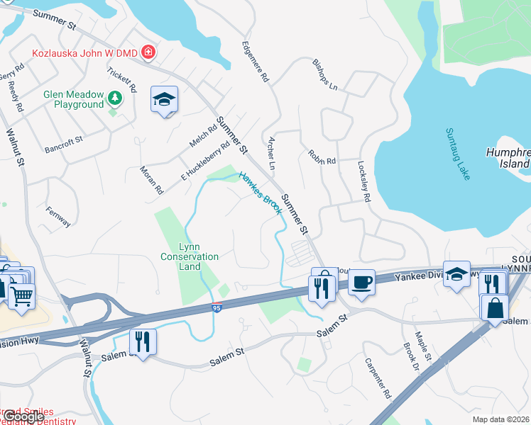 map of restaurants, bars, coffee shops, grocery stores, and more near 3 Fletcher Road in Lynnfield