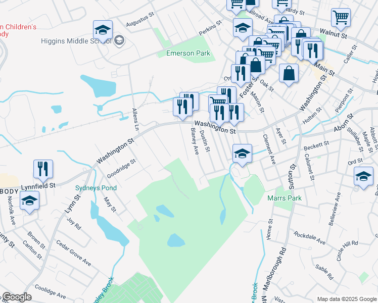 map of restaurants, bars, coffee shops, grocery stores, and more near 24 Dane St in Peabody