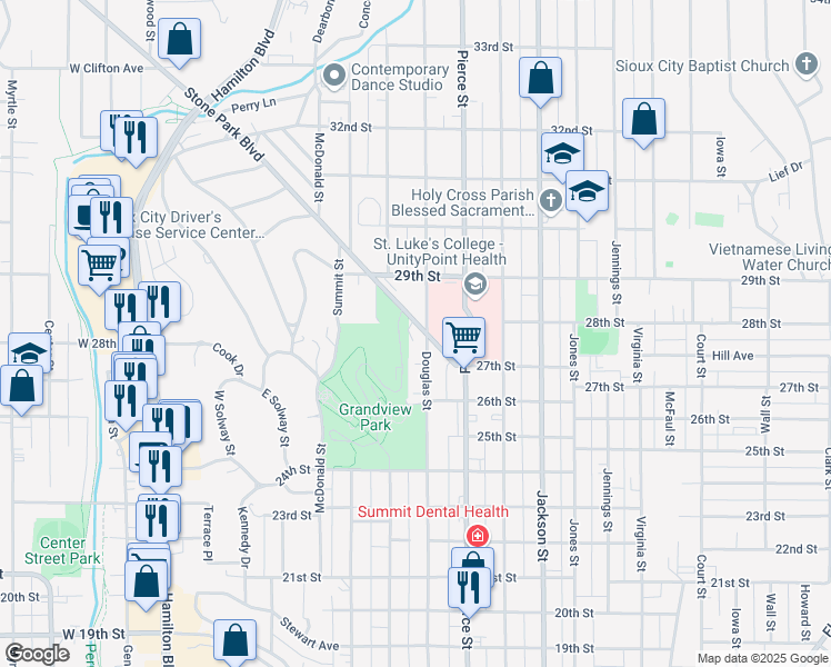 map of restaurants, bars, coffee shops, grocery stores, and more near 2725 Douglas Street in Sioux City