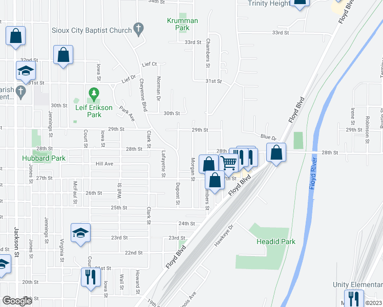 map of restaurants, bars, coffee shops, grocery stores, and more near 2753 Morgan Street in Sioux City