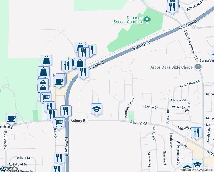 map of restaurants, bars, coffee shops, grocery stores, and more near 2539 Millstone Drive in Dubuque