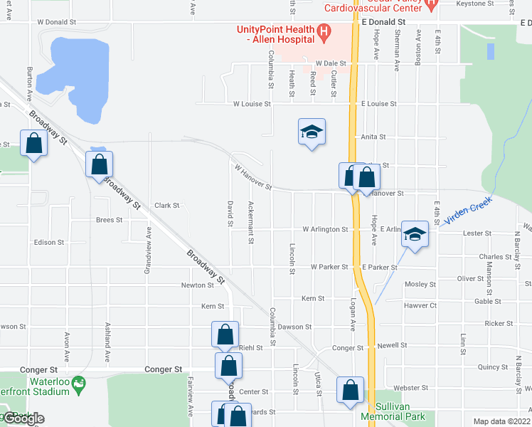 map of restaurants, bars, coffee shops, grocery stores, and more near 1223 Columbia Street in Waterloo