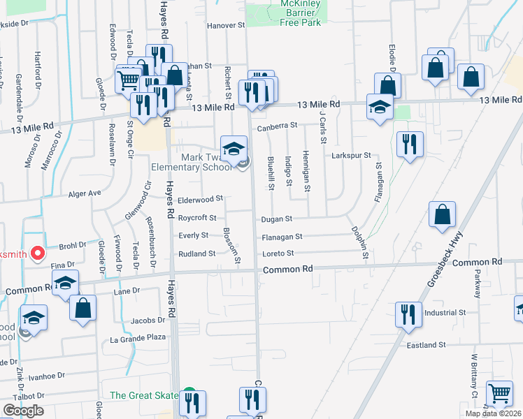 map of restaurants, bars, coffee shops, grocery stores, and more near 30236 Calahan Rd in Roseville